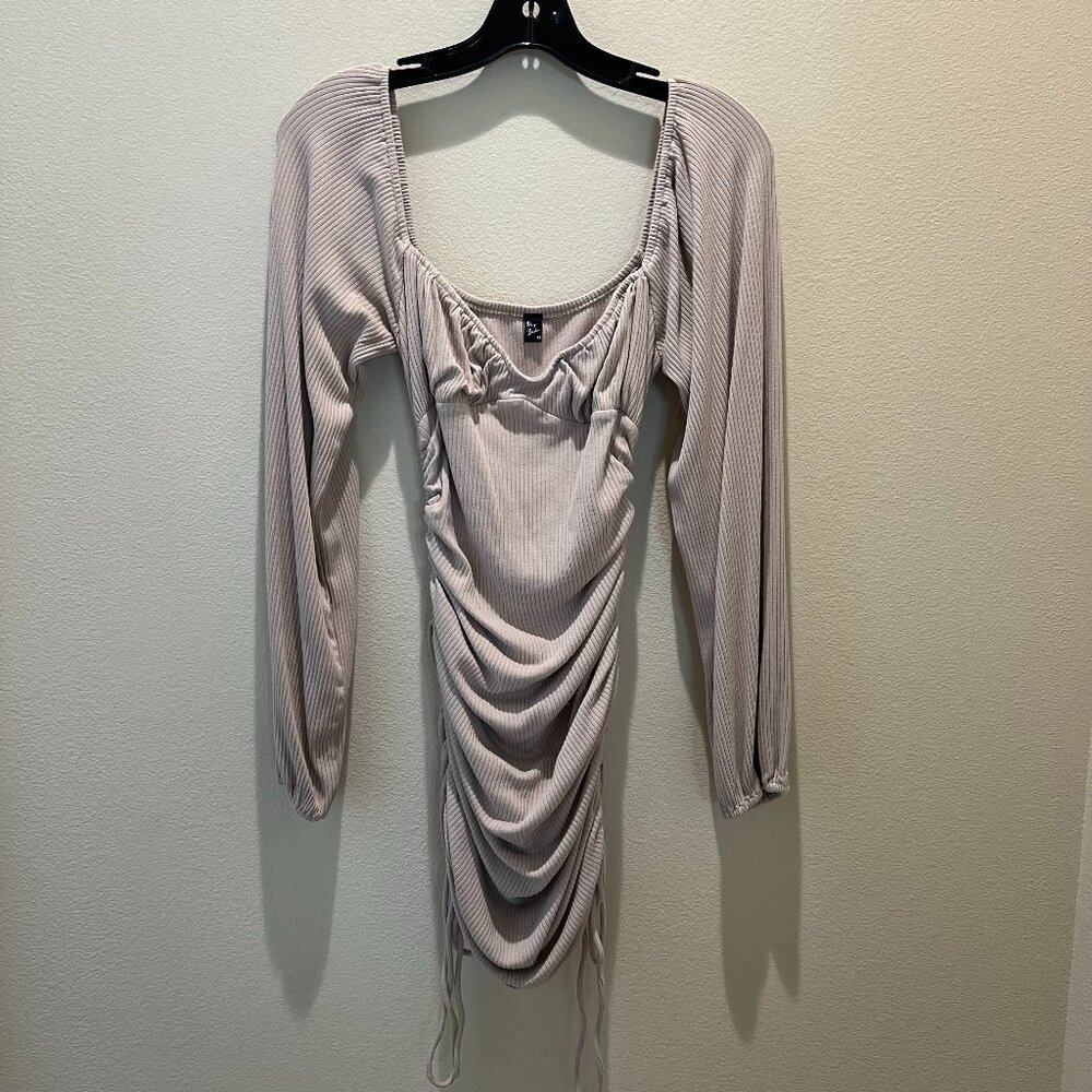 Hey Babe Beige Knit Ribbed Long Sleeve Ruched Midi Dress Size M